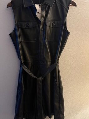 7 For All Mankind Black Faux Leather Sleeveless Short Romper with Belt